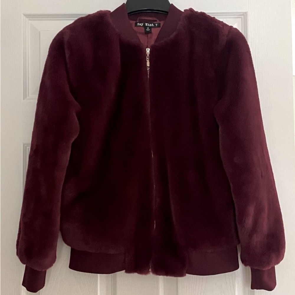 Burgundy faux fur bomber jacket